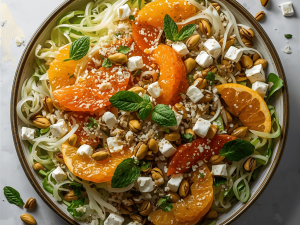 Photo du plat de salade grecque d'hiver à l'orange vue du haut